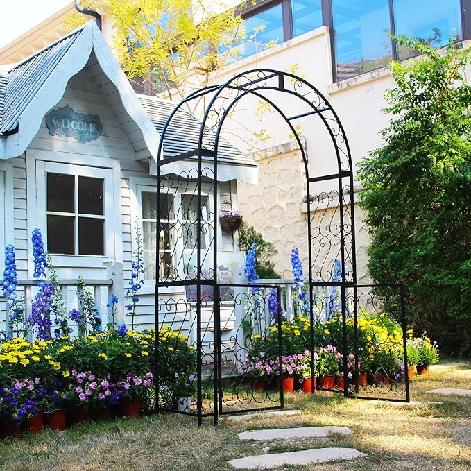 Heavy-Duty Arbor with Gate 48.8" W x 83.5" H, Iron Arch Trellis Arbor Archway for Climbing Plants Roses Vines Support Rack, Outdoor Lawn Backyard Patio Wedding Party Ceremony Decoration