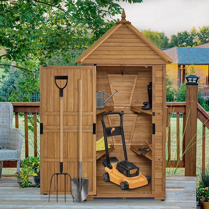 MCombo Large Outdoor Storage Cabinet with 6 Shelves (2.9 x 2.9 x 8.1 ft), Wood Storage Shed, Garden Shed with 2 Foldable Tables for Patio Yard Lawn, 2645