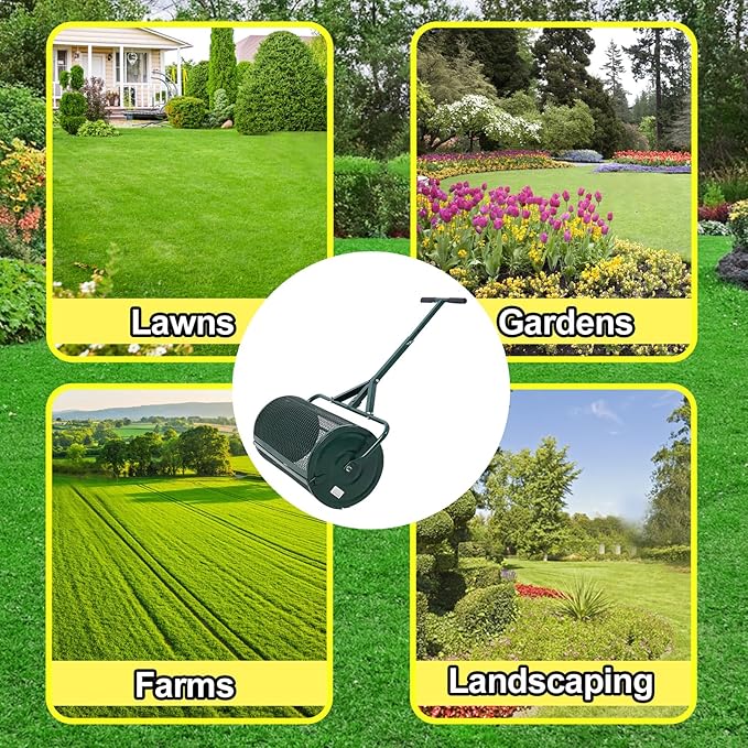 Peat Moss Spreaders for Lawns Compost Spreader Roller 24 Inch Heavy Duty Metal Mesh Dirt Topsoil Spreader for Planting Seeding Garden (24"/42"-50" L, Green)
