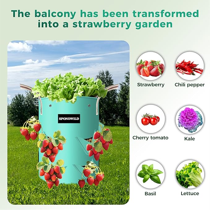 3 Pack 10 Gallon Strawberry Grow Bags, Heavy Duty PE Plant Pots with Breathable Windows and Drainage Holes, Ideal for Strawberries, Veggies, Flowers and Balcony