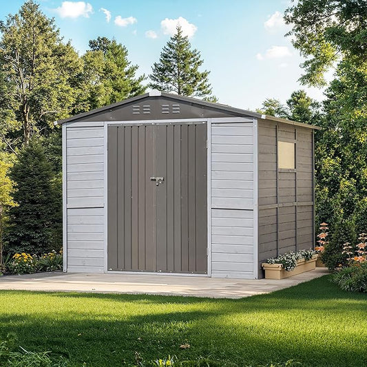 8x8 FT Outdoor Wood Storage Shed, Garden Tool Shed with Windows, Outside Storage Shed Waterproof for Garden, Backyard, Patio, 4 Vents (Without Floor) Gray