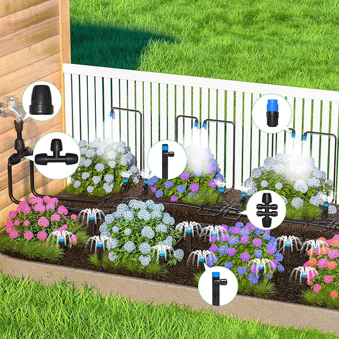 MIXC 230FT Quick-Connect Drip Irrigation System Kit, Automatic Garden Watering System with 1/4" & 1/2" Fast-Lock Tubing - Adjustable Nozzles & Sprinklers for Garden, Greenhouse, Lawn, Potted Plants