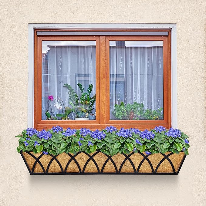 Y&M 30 Inch Window Deck with Coco Liner, Fence Metal Hanging Flower Planter Basket Deck Railing Planter Boxes for Outdoor Garden Lawn, 24" Window Boxes Horse Trough with Coconut Coir Liner,2pcs