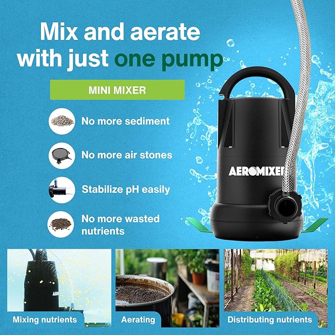 Aeromixer MINI 1/4 HP Submersible Mixing + Aerating Pump - Submersible Water Pump for Nutrient Mixing and Aerating, Electric Garden Water Pumps, Heavy Duty Outdoor Pumps for Farming and Gardening