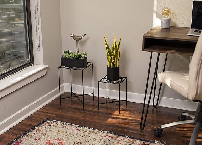 BIRDROCK HOME Metal Plant Stands - Durable Iron with Decorative Scroll Design - Compact Folding Stand for Small Plants, Succulents, and Flowers - Perfect for Indoor and Outdoor Use - Black, Set of 2