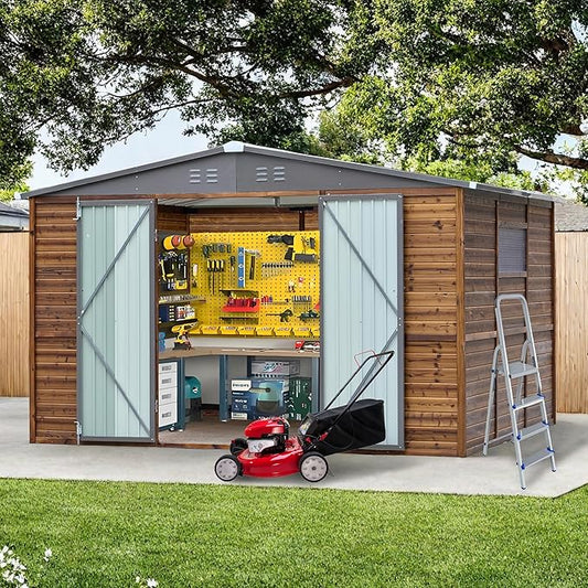 8x10 FT Outdoor Wood Storage Shed, Garden Tool Shed with Windows, Outside Storage Shed Waterproof for Backyard, Patio, Garden, 4 Vents (Without Floor) Wood Color
