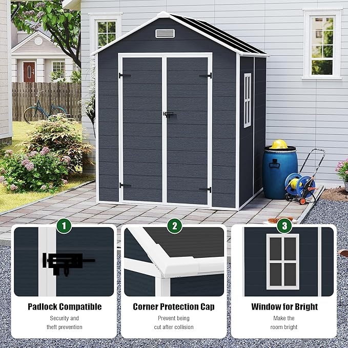 Resin Storage Shed 6x6ft, Outdoor Storage Sheds with Floor, Window, Lockable Doors and Vents, 12mm Thick pp Board, Tool Shed for Bike, Garden, Backyard, Lawn (Dark Gray, 6 * 6ft)