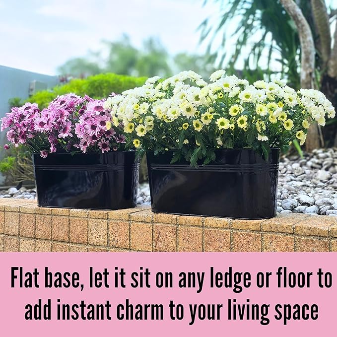 LaLaGreen Outdoor Plants Rail Planter (16 Inch, 10 Pack) Black Metal Iron Hanging Flower Pots Deck Railings Fence Balcony Modern Boho Style Wall Mount Window Boxes Plant Holder Hooks Porch Home Decor