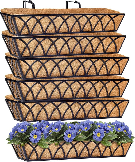 Y&M 30 Inch Fence Metal Hanging Flower Planter Window Basket Deck Railing Planter Boxes for Outdoor Garden Lawn, Window Deck with Coco Liner,6pcs