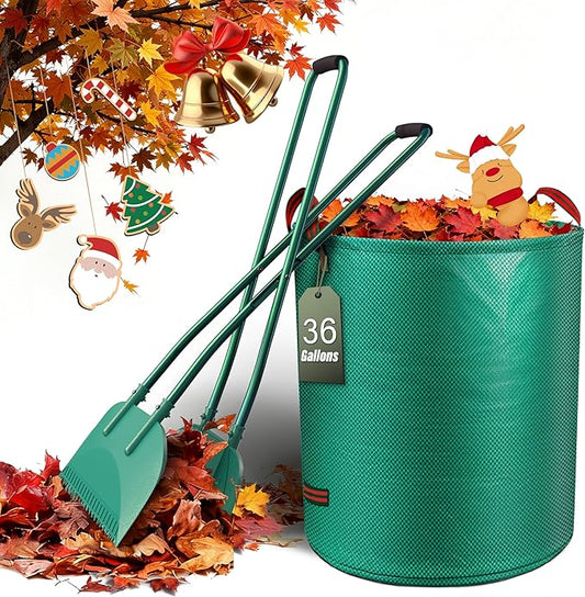 Long Handle Leaf Grabber with 32-Gallon Bag - No Bend Leaf Pickup Tool, Metal Handle with Comfort Grip, Yard Waste Bags for Lawns, Garden, Leaf Rake Set Alternative