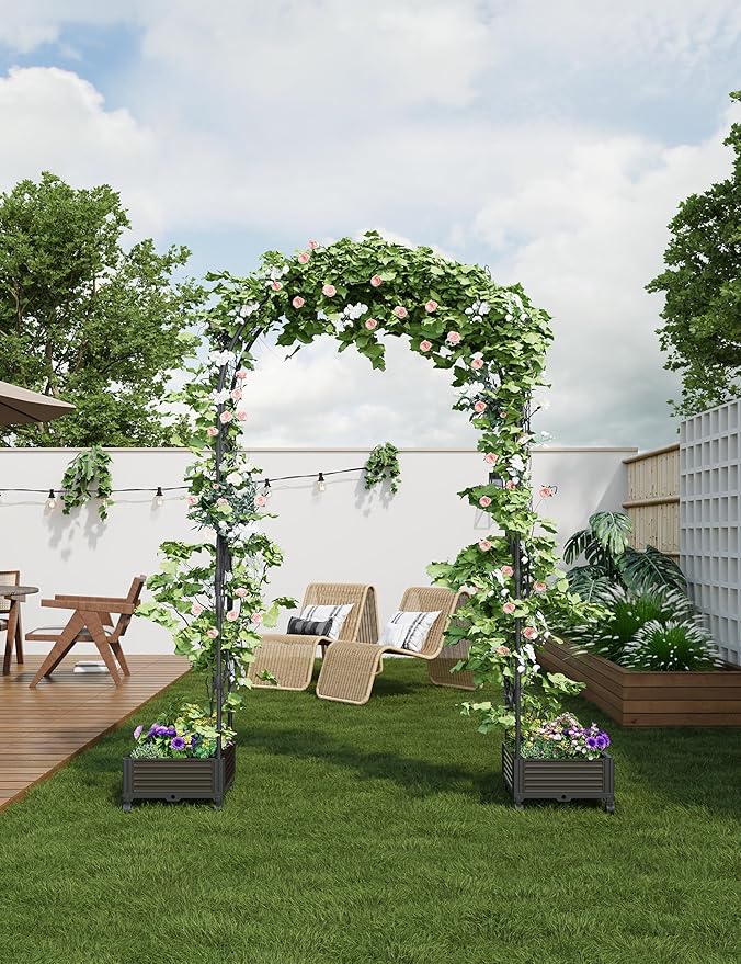 94.5 Inch Garden Arch Trellis with 2 Planter Boxes for Climbing Plants, PE Coated Metal Wedding Arch Arbor with Planter Box for Outdoor Decor, Party Backdrop & Flower Support