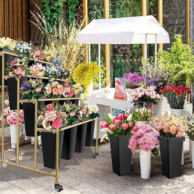 Flower Display Stand with Buckets, 4 Layers 16PCS Buckets Metal Flower Cart Display Stand with Wheels, for Patio Garden, Living Room (4 Layers Black Square Bucket)