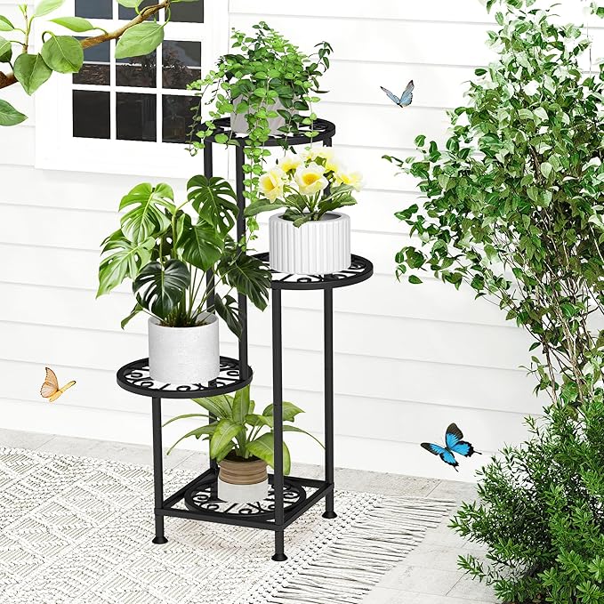 4 Tier Plant Stand Indoor Outdoor, Metal Flower Shelf Display Holder, Multiple Plants Corner Tall Flower Holders for Patio Balcony Porch Garden Living Room (Black)