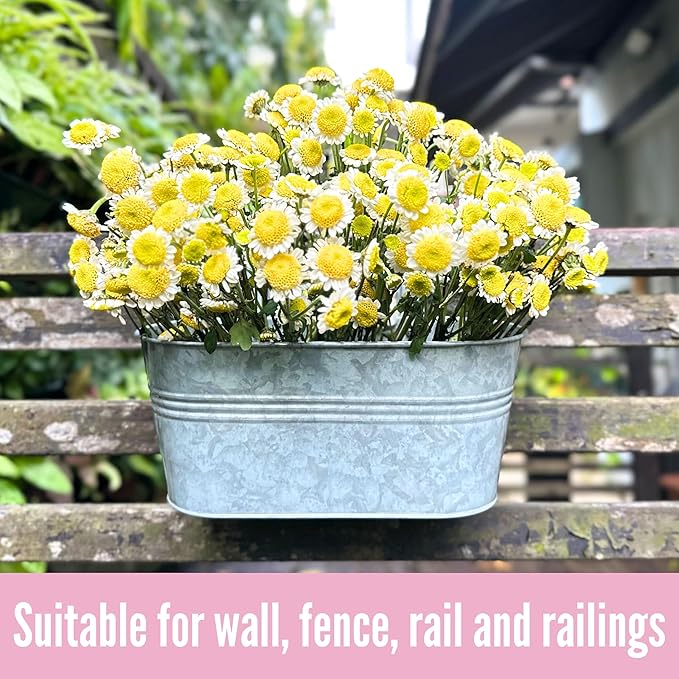 LaLaGreen Outdoor Rail Planter (11.2 Inch, 4 Pack) Silver Metal Iron Hanging Flower Pots Deck Railings Fence Buckets Modern Countryside Boho Style Wall Mount Window Box Plant Holder Hooks Porch Decor