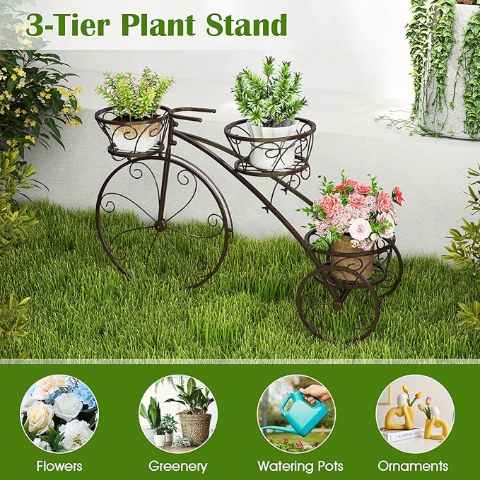 Tricycle Plant Stand, 3-Tier Metal Plant Stand Bicycle Flower Pot Cart with Hollowed Baskets, Planter Potted Holder for Patio, Garden, Deck, Lawn (Bronze)