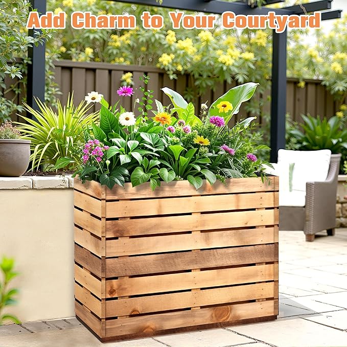 FENCY Metal Rectangular Planter Box, Large Planters for Outdoor Plants, Tall Planters for Outdoor Plants with Drainage Holes (30" L x 12" W x 24" H,Walnut Finish)