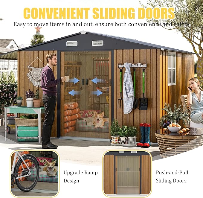 10x12 FT Outdoor Storage Shed,Extra Large Metal Garden Tool Shed with Lockable Doors,Windows & Air Vents,Dual-Zone Design Outside Steel Tiny House for Backyard, Patio Lawn,Yellow