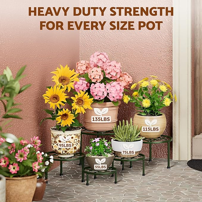 5 Pack Metal Plant Stand for Multiple Plants,Heavy Duty Flower Pot Stand Holder Rustproof Iron Round Plant Shelf for Planter Outdoor,Potted Plant Stand for Home(DarkGreenDiamond)