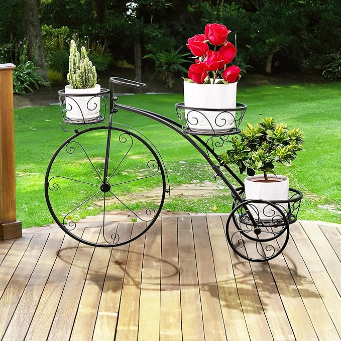 Sorbus Tricycle Plant Stand - Flower Pot Cart Holder - Ideal for Home, Garden, Patio - Great Gift for Plant Lovers, Housewarming, Mother’s Day - Parisian Style (Black)