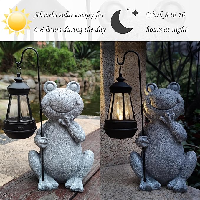 Frog Solar Garden Statues,Resin Frog Figurine Decorations with Solar Lights Lantern, Outdoor Garden Decor Art for Lawn,Yard, Unique Housewarming Gift for Women Mom Grandma