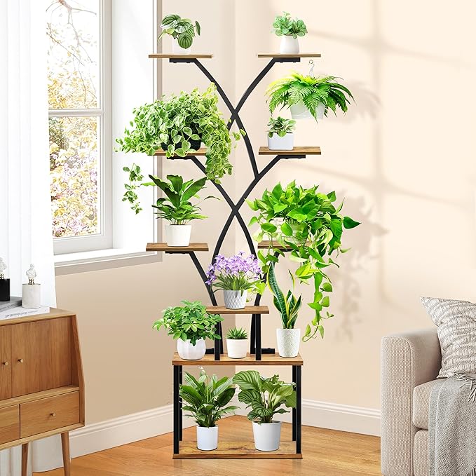 Plant Stand Indoor with Grow Light, for Indoor Plants Multiple, Metal Humen-Shaped Plant Flower Holder, for Living Room, Balcony, Patio