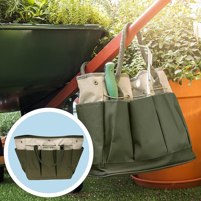 Ferry-Morse Premium All Hand Tools Set, 6Pcs Gardening Tools, Stainless Steel Heavy Duty Hand Cultivator, Hoes, Weeder, Snips, & Hori Hori with Ash Wood Handle, Garden Tool Bag 8 Pockets