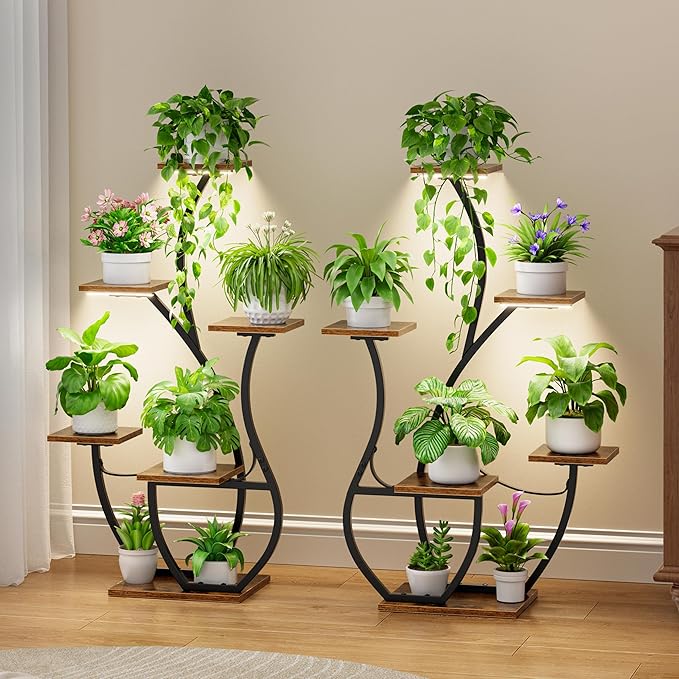 CODACE Plant Stand Indoor with Grow Lights - 2 PCS Indoor Plant Shelf, 6 Tiered Corner Plant Stands for Indoor Plants, Swan-Shaped Plant Holder, Metal Flower Display Rack for Living Room (Black)