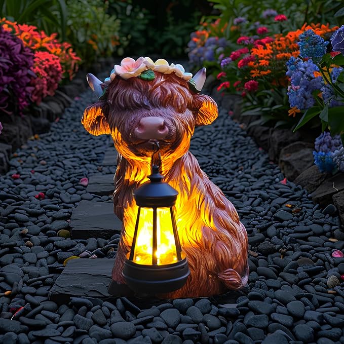 Garden Highland Cow Statue Solar Outdoor Decor with Flower Decoration，Funny Triple Highland Cow Decor Birthday Gifts for Women Mom，Highland Cows Figurine for Yard Garden Patio Lawn Ornaments