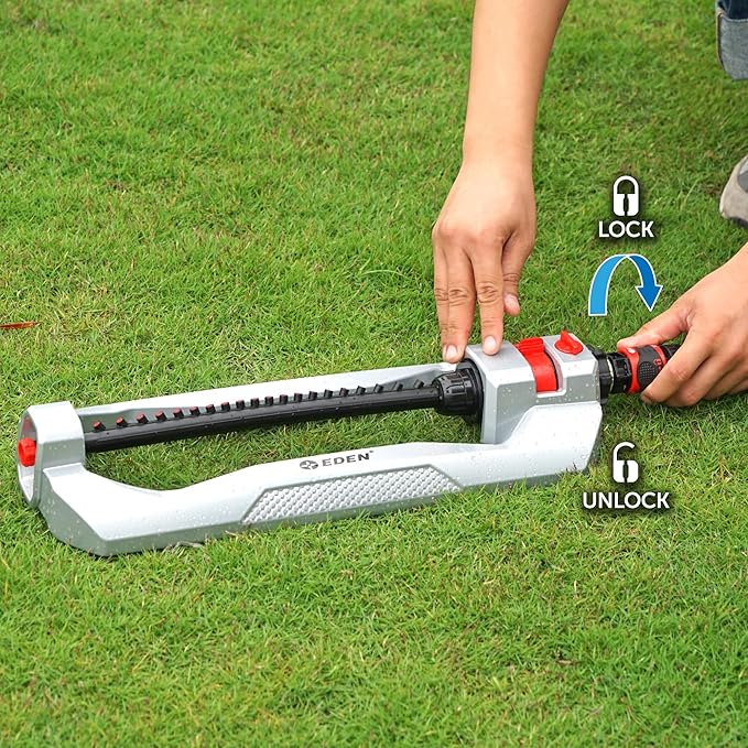 Eden 94111 Heavy Duty Metal Oscillating Sprinkler, Covers Up to 3,328 sq. ft., 20 Precision Nozzles, Flow Control, Adjustable Range, Quick Connect Bundle, Silver, Red, Black
