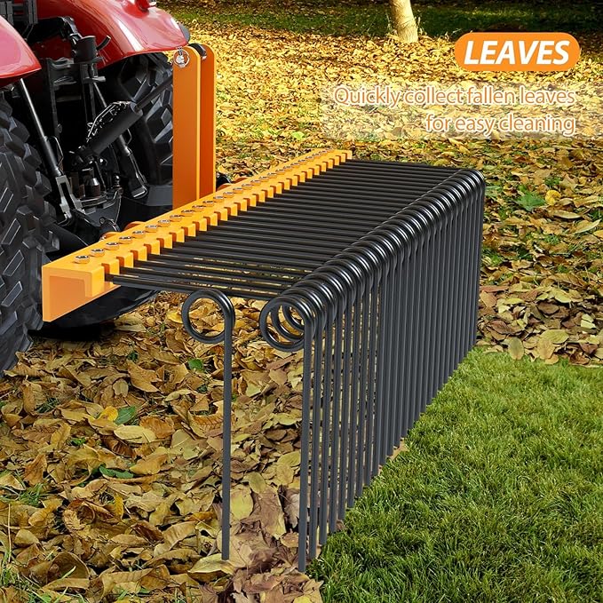 60" Durable Powder Coated Steel Pine Straw Rake, Steel Spring Landscape Rake for Leaves, Pine Needles, Straw, and Grass Attaches to Cat 0 Cat 1,3 Point Hitch Tractor, Yellow