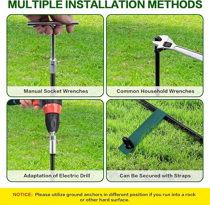 18-Inch Ground Anchors Screw in Heavy Duty, 4 Pack Shed Anchor Kit with Wrenches and Straps, High Wind Trampoline Anchors & Stakes for Swing Sets, Camping Tent, Carport, Plants, Mobile Home