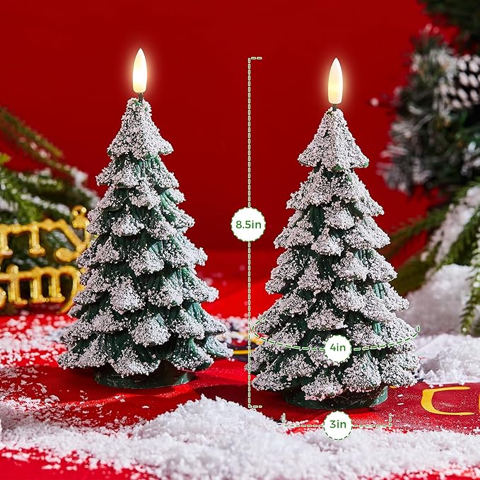 Christmas Tree Candles Covered in Snow with Remote, 2 Pcs Waxy LED Flameless Candles Flickering, Green Electric Candles Battery Operated for New Year Celebration Holiday Decorations 8.5 Inches