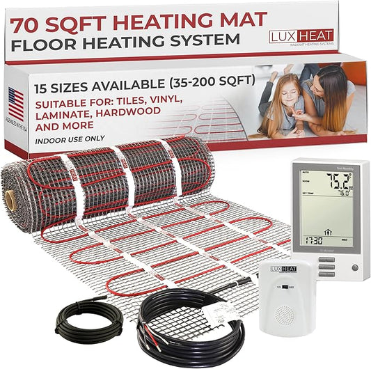LuxHeat 70 Sqft Mat Kit, 240v Electric Radiant Floor Heating System for Under tile, Stone and Laminate. Kit Includes Alarm, Heated Floor Mat, UDG OJ Microline Programmable Thermostat w/GFCI & Sensor