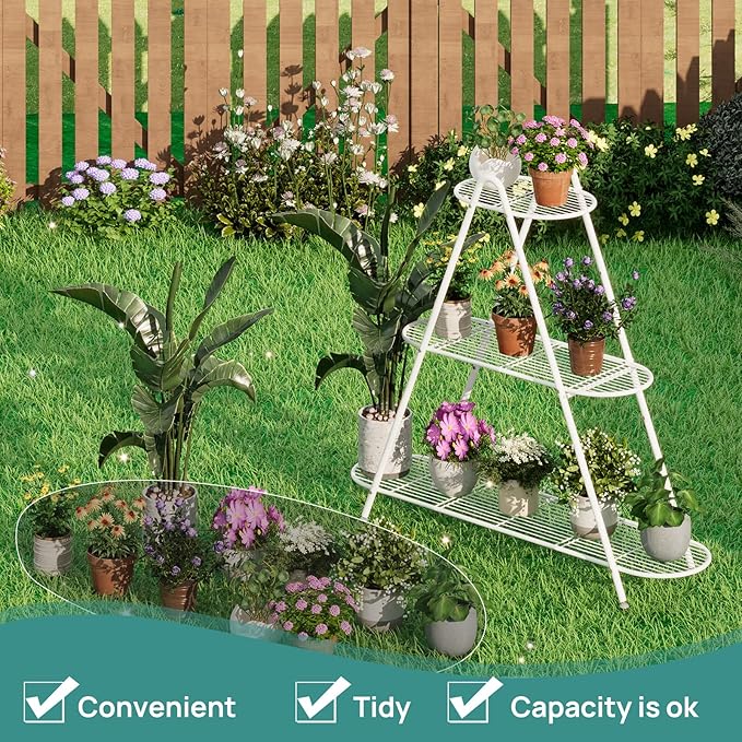 3-Tier Plant Stand, Heavy Duty Metal Planter Rack - White Indoor/Outdoor Shelves with Large Tier’s Shelf - Display Multiple Flower Pots, Iron Plant Organizer for Living Room, Patio & Garden