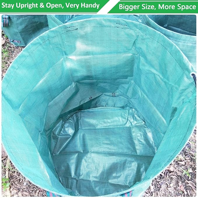 Standard 3-Pack 32 Gallon Lawn Garden Bags (D18,H30 inch) Yard Waste Bags with Gardening Gloves - Reusable Leaf Bags,Yard Debris,Trash Container,Plant Trimmings Bag,Grass Clippings,Weeds Bag 4 Handles