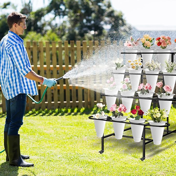 Floral Display Stand with 16 White Flower Baskets, 4-Layers Cart Display Stand with Wheels ,Sturdy Mobile Flower Bouquet Rack for Courtyard, Garden, Flower Shop, with Lockable Rotating Wheels .
