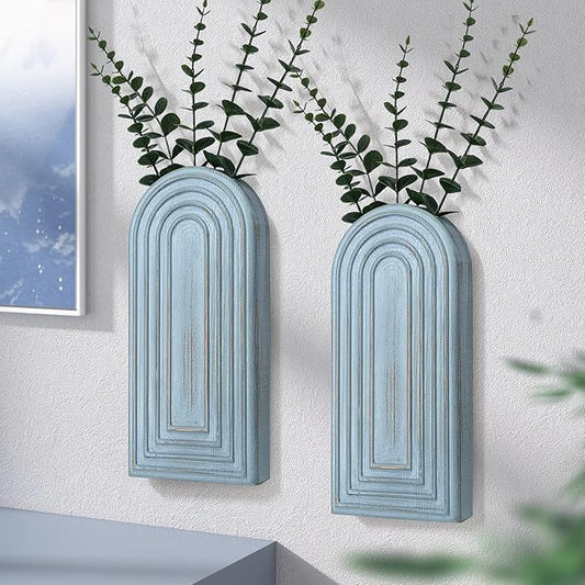 EOSAHR Pine Wood Boho Decor Wall Vases Set of 2– Decorative Wall Decor for Living Room, Bedroom & Bathroom – Coastal Hanging Planters for Indoor Plants, Fake Plants (Blue)