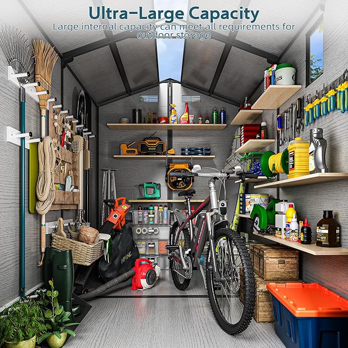 6X6 FT Outdoor Storage Sheds, Plastic Storage Shed with Floor & Drainage Channel for Bikes, Furniture, Gardening Tools, Lockable Outdoor Shed Suitable for Backyard, Patio, Lawn