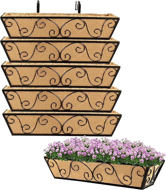Y&M 24 Inch Window Deck with Coco Liner, Fence Metal Hanging Flower Planter Window Basket Deck Railing Planter Boxes for Outdoor Garden Lawn-Butterfly,6pcs