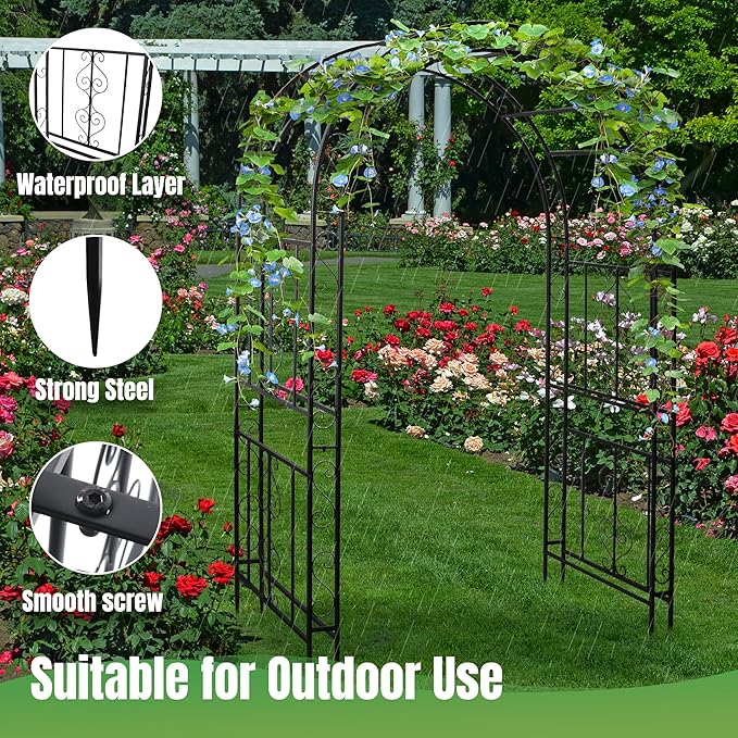 7FT Black Garden Arbor Trellis, Outdoor Metal Garden Arch for Climbing Plants Flowers Vines, Metal Lightweight Wedding Decoration Frame Archway for Lawn Bridal Party Ceremony Holiday Event