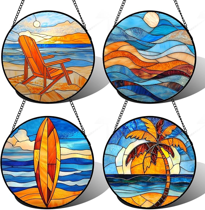 Stained Glass Window Hanging 4 Pcs Set Blue Orange Ocean Beach Theme Large 15" - Suncatcher Door Garden Sun Catcher Decor Birthday Christmas for Mom Woman Nana Men Wife