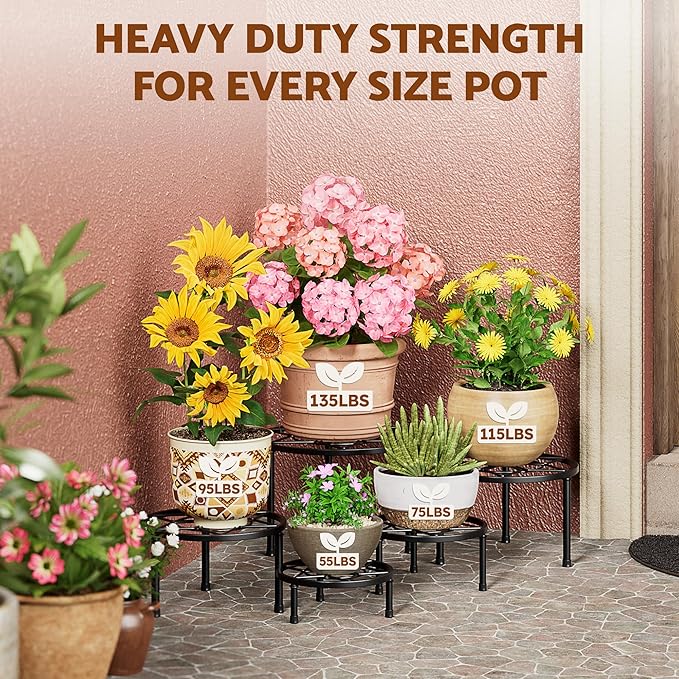 5 Pack Plant Stand Metal Flower Pot Stand Holders Indoor Tall Plant Rack Plant Round Black Plant Shelf For Patio, Living Room, Garden, Balcony(BlackDiamond)
