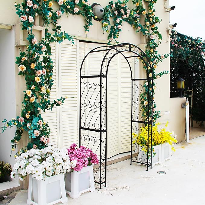 SCENDOR 48.8" W x 83.8" H Garden Arch, Black Sturdy Metal Iron Arbor, Courtyard Cast Trellis for Various Climbing Plant, Outdoor European-Style Archway Wedding Ceremony Party