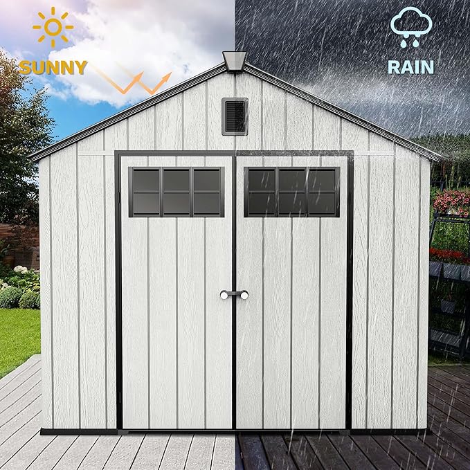 DWVO 8x10 FT Outdoor Storage Shed, 544 cuft Plastic Storage Shed with Floor & Lockable Door, All-Weather Tool Garden Shed with Window & Vent for Patio Furniture, Lawn Mower, Pool Supplies, Dark Gray