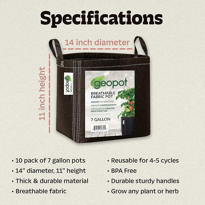 GeoPot 7 Gallon Fabric Grow Bags with Handles - 5-Pack - Black - Indoor/Outdoor - Aerated Fabric Pots for Vegetables, Herbs, Flowers & Houseplants