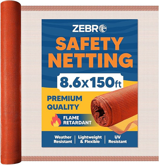 Fire Retardant Debris Safety Netting (8.6' x 150' - Orange) - High Visibility Construction & Scaffolding & Railing & Elevator Netting for Enhanced Safety - Construction Fencing