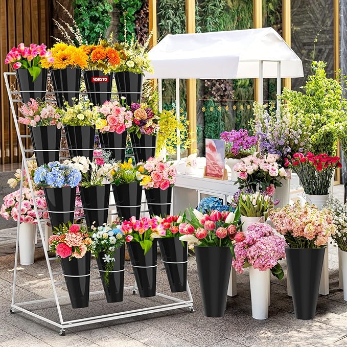 Flower Display Stand with Buckets, 4 Layers 16 PCS Buckets Plant Stand with Wheels, Movable Metal Plant Stand for Terrace Garden, Living Room, Florist Shop (White Frame - Black Buckets, 4-Tier)