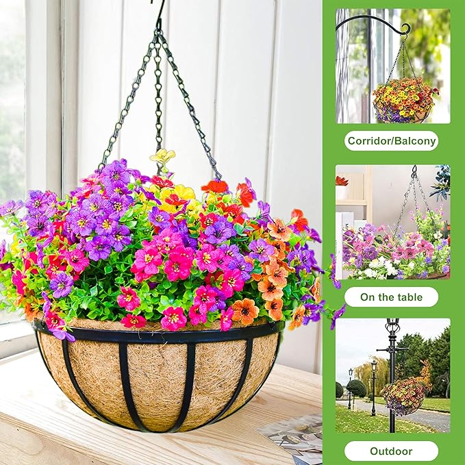 14 Inch Metal Hanging Planter Basket with Coconut Fiber Liner Hanging Plant Flower Pot for Home Garden Patio Decoration,Metal Flat Iron Pattern, 4 Pack