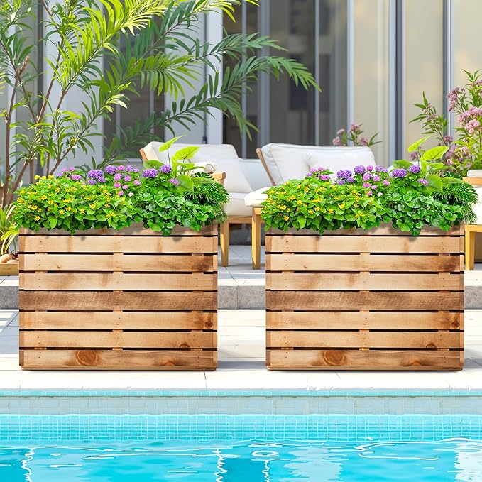 FENCY Metal Rectangular Planter Box, Large Planters for Outdoor Plants, Tall Planters for Outdoor Plants with Drainage Holes (30" L x 12" W x 24" H,Walnut Finish)