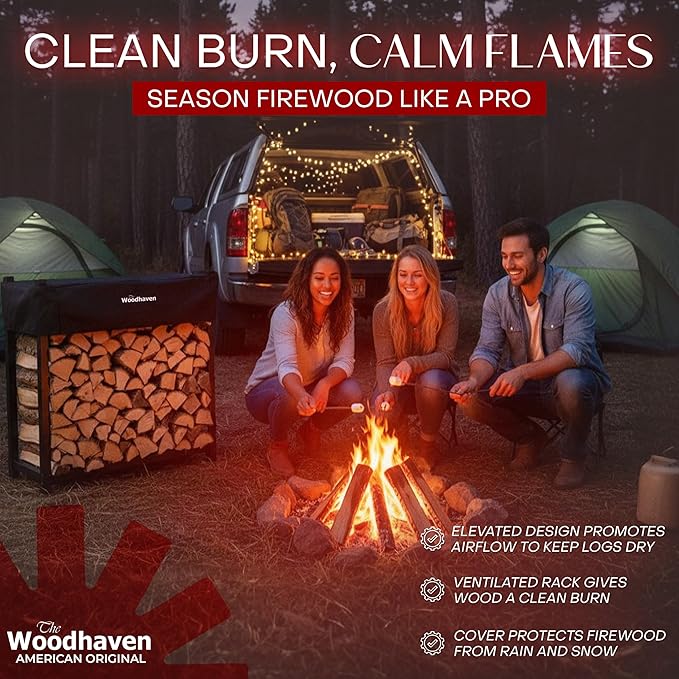 Woodhaven Black 4 Foot - Heavy Duty Made In USA - Indoor Outdoor - 1/4 Cord Firewood Storage Log Rack With Seasoning Cover Combo Set - Metal Log Storage - 48” x 48”
